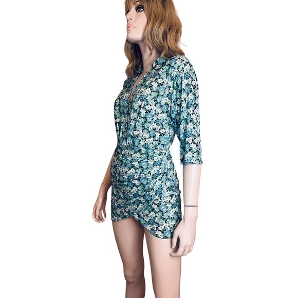 Pull & Bear Mini Dress Floral Faux Wrap front Side Ruching Deep Plunge Neck - Picture 5 of 16